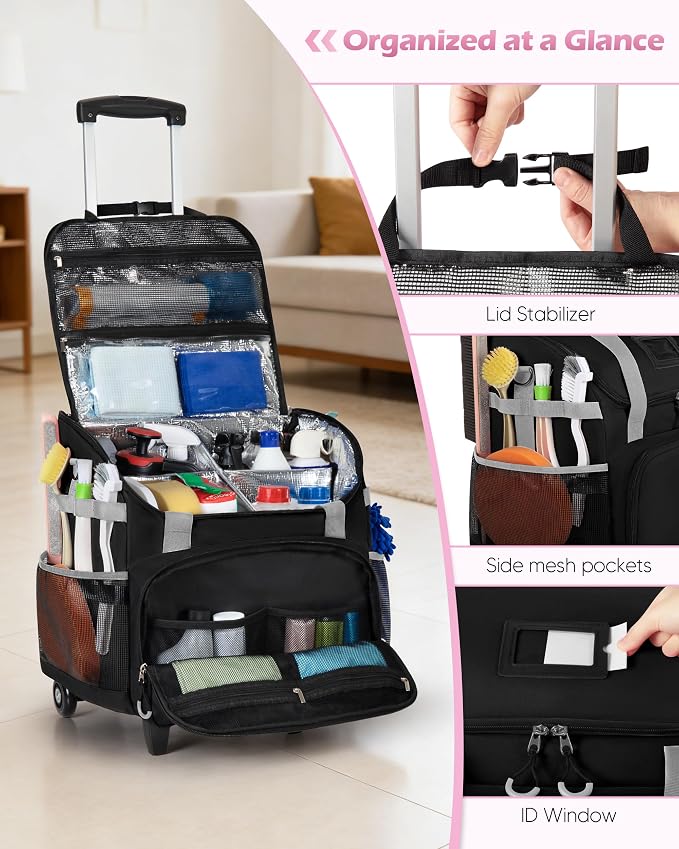 Marscamd Large Rolling Cleaning Caddy Bag with Detachable Trolley, Black | with Detachable Shoulder Strap, Cleaning Bags for Housekeepers on Wheels