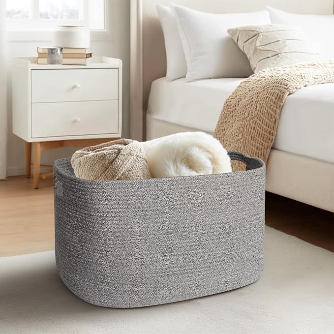 75L Large Storage Basket, 22”x17”x12” Blanket Storage for Living Room, Rectangle Woven Kids Toy Bin Box, Baby Laundry Basket, Cotton Rope Bin for Shoes Towels Stuffed Animals, Gray