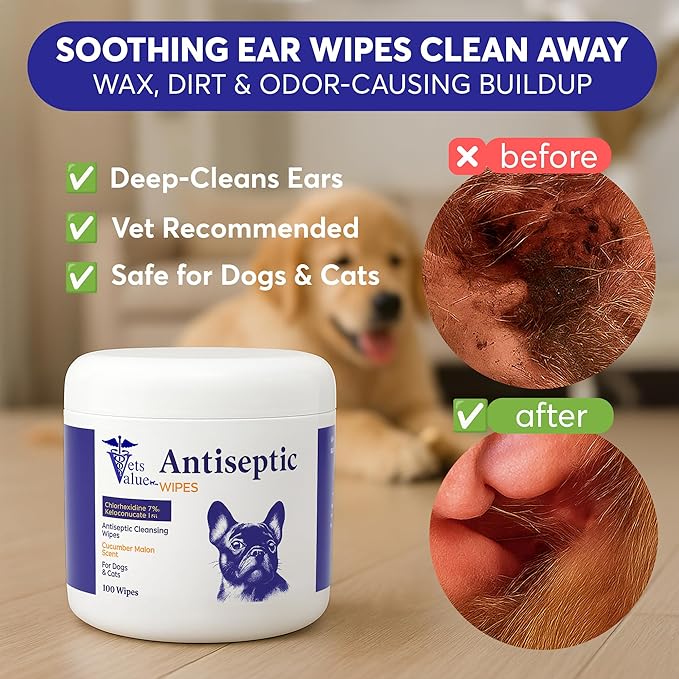 Veterinary Ear Cleaning Wipes for Dogs & Cats - Gentle Aloe-Based Cleanser for Routine Care, Freshness & Daily Ears Maintenance, Alcohol-Free, Hypoallergenic, 100 Count