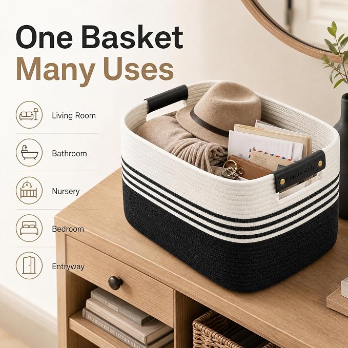Cotton Rope Laundry Basket Small, 12.8GAL Collapsible Woven Storage Baskets for Living Room Kids Toys Stuffed Animal,Boho Rectangular Decorative Short Hamper for Dirty Clothes, Blankets White Black