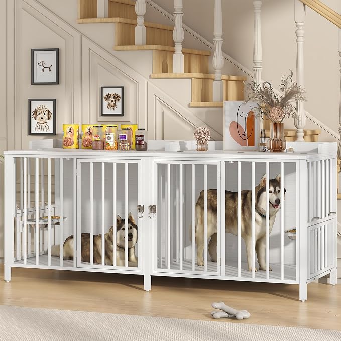 BOINN 78 Inch Dog Crate, Large Dog Crate for 2 Dogs, Dog Kennel Indoor for Large/Medium Dogs with Top Access Door, XL Wooden Dog Cage with 360 Degree Rotatable Stainless Bowls, Heavy Duty Steel Frame