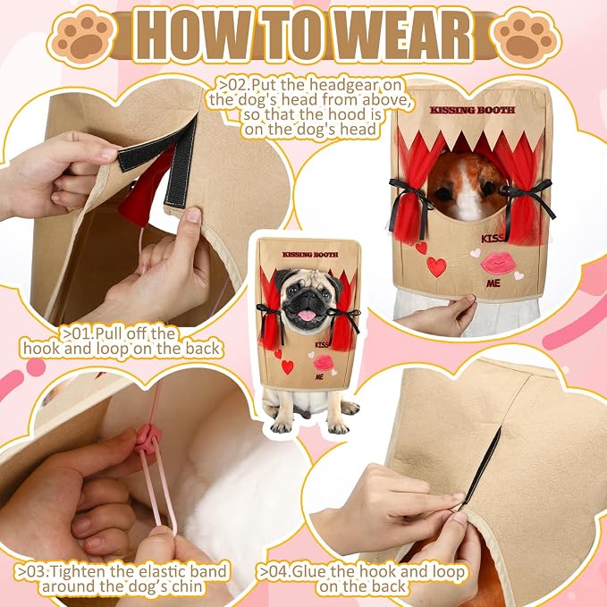 Halloween Dog Kissing Booth Costume Headpiece for Pets, Brown, L/XL | Pet Headwear for Dogs Cats with Red Fabric Hearts, Party Birthday Photo Prop, Fun Costume Gift for Pups