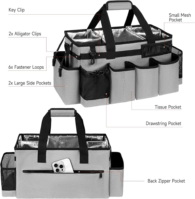 Cleaning Caddy Bag, Extra Large Cleaning Supply Bag for Housekeepers,Gray | Sturdy Cleaning Caddy Organizer for Cleaning Supplies with Handle and Adjustable Shouder Strap, Easy to Clean Design