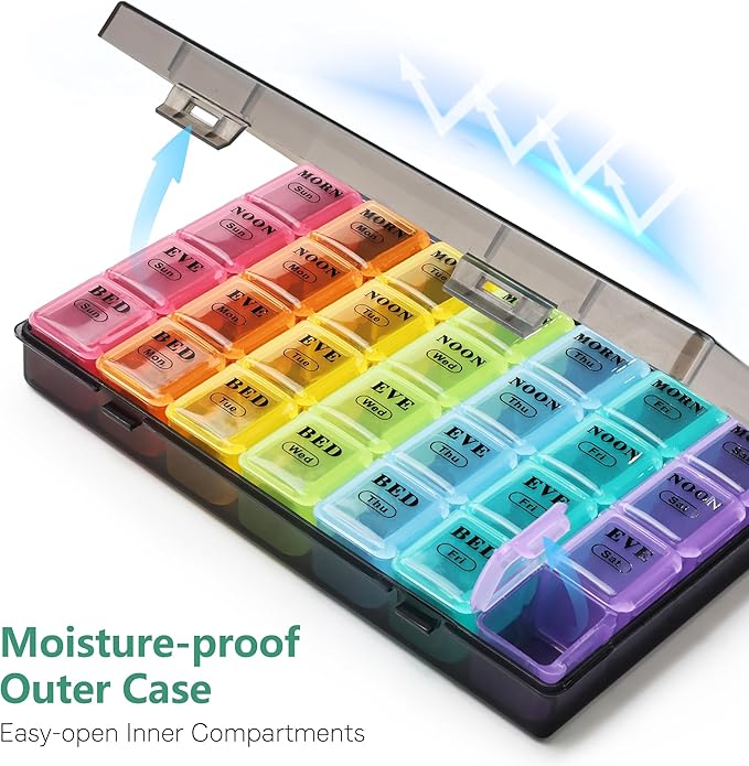 MOLN HYMY Pill Organizer 4 Times a Day, 7 Day Weekly Pill Box with 28 Big Compartments, Multicolor Portable Travel Medicine Planner for Vitamins, Fish Oils, Supplements (Rainbow, Large)