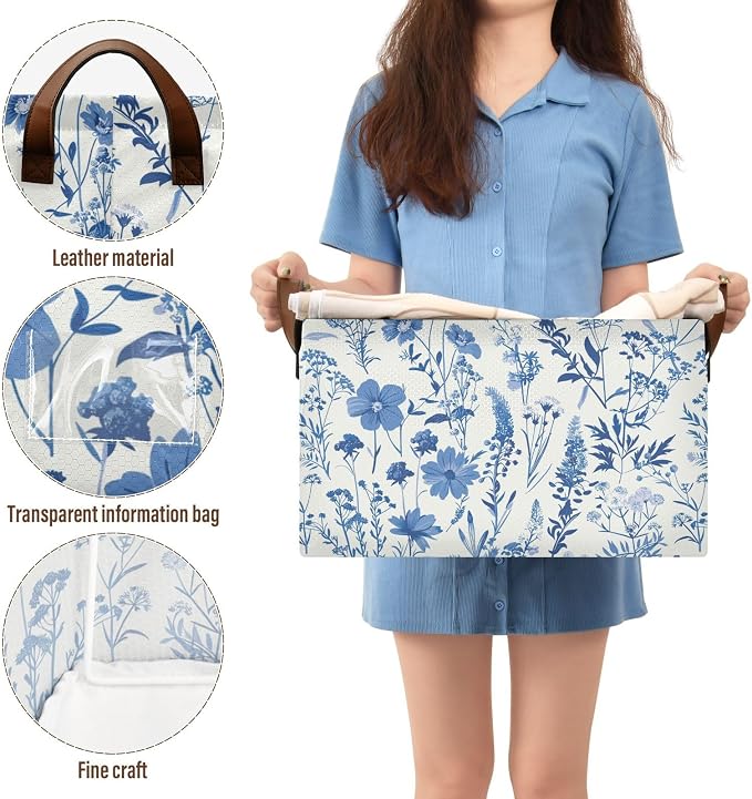 Blue Botanical Floral Wildflower Storage Bins for Shelves with Labels&Handles Fabric Organizer Bin Foldable Rectangle Storage Basket Boxes for Closet, Bathroom, Home, Living Room