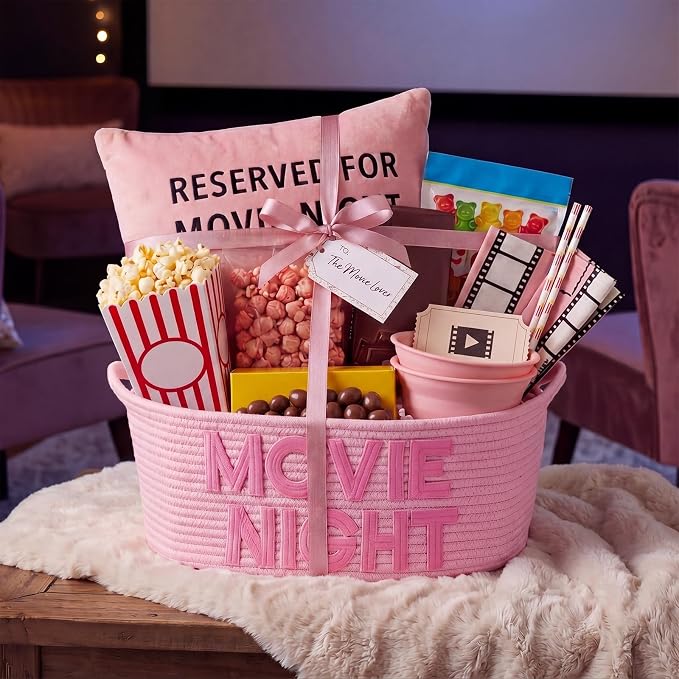 Movie Night Gift Basket with Handles, Cotton Rope Storage Snack Tray | 17"x13"x7" Woven Storage Popcorn Container Large Snack Basket for Movie Night Family Room Home Theater Birthday Party Decor