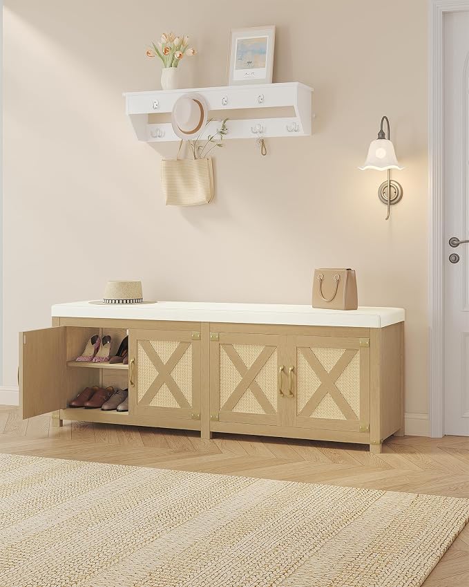 Hzuaneri 59" Shoe Storage Bench, with Soft Padded Seat Cushion & Doors | 2 Tier Shoe Bench with Adjustable Shelf, Wooden Entryway Bench for Living room, bedroom, Hallway, Rattan, Natural SB31502M