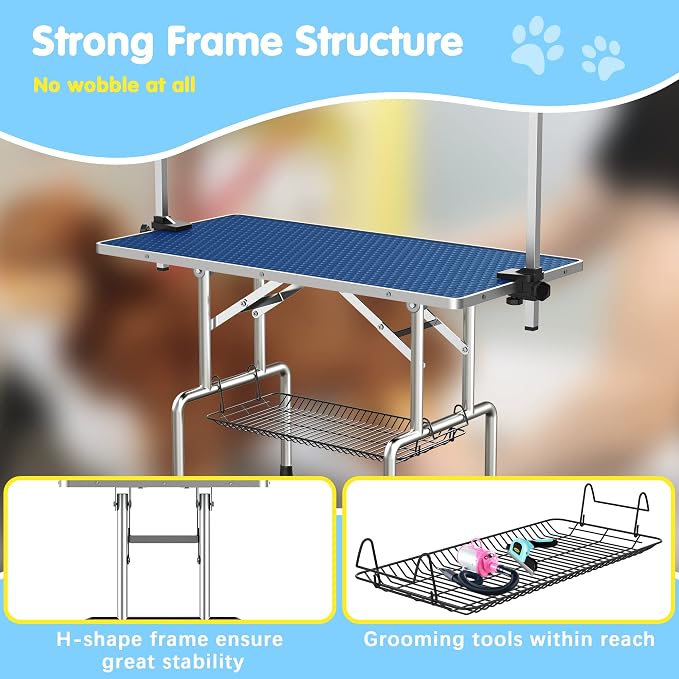36'' Foldable Dog Grooming Table with Arms/Nooses/Mesh Tray, Blue | Stainless Steel Grooming Table for Dogs at Home, Adjustable Pet Bathing Station, Non-Slip Waterproof Tabletop, Capacity 330Lb
