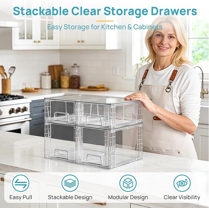 Vtopmart Clear Stackable Storage Drawers, 4 Pack Kitchen Cabinet Set | Medium and Small Pull-Out PET Drawers with Stackable Design for Kitchen Cabinets, Pantry, Under Sink, Medicine