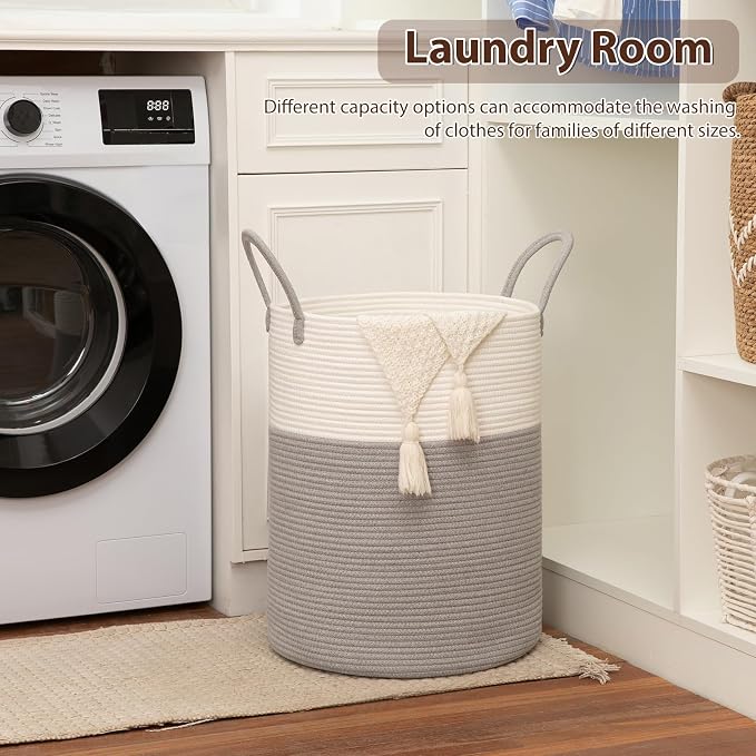 OIAHOMY 80L Nursery Hamper Laundry Basket Laundry Hamper Grey/White | collapsible Blanket Basket Cotton Rope Woven Basket Dirty Clothes Hamper Baby Hamper Tall Clothes Hamper with Handles