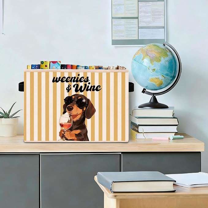 Dachshund Weenies and Wine Foldable Fabric Storage Bin | Funny dachshund yellow stripe design; foldable fabric storage bin for closet, pet supplies, books, or clothes.