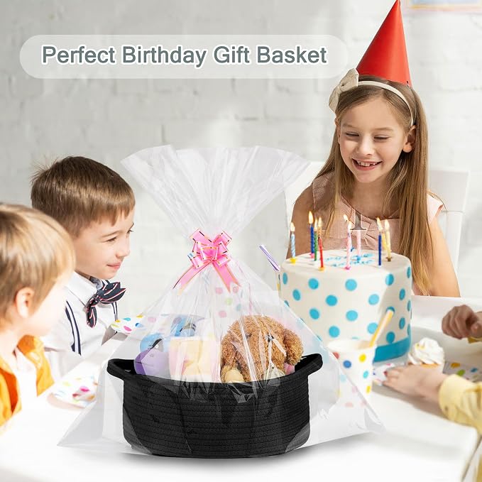 COMSE Empty Small Gift Basket with Bag & Ribbons, Black | Cotton Rope, 12"x 8"x 5", Baby Toy Organizer, Stores Small Items for Bedrooms, Nurseries, Bathrooms, Living Rooms, Offices