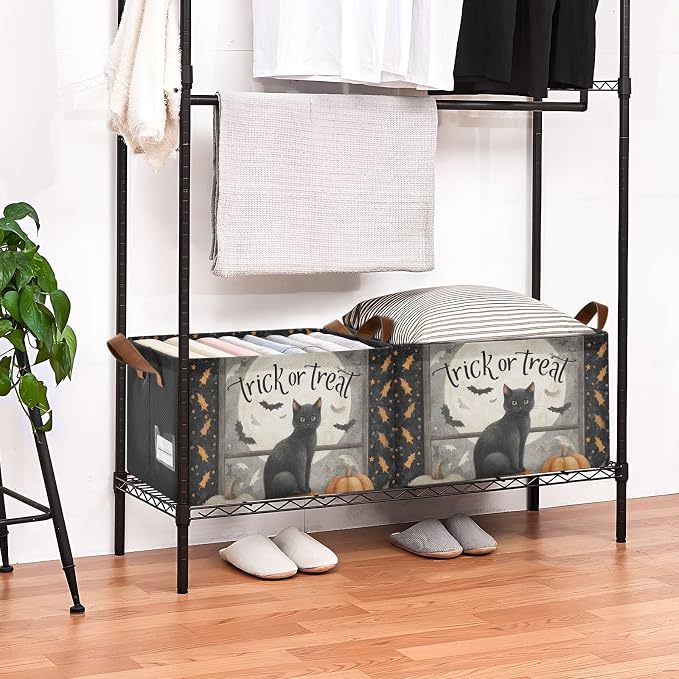 Trick Or Treat Fall Halloween Cat Storage Basket Foldable Cube Storage Bins with Handles&Label Waterproof Organizer Box Bin Large Rectangle Decorative Baskets for Shelves Home Room Laundry