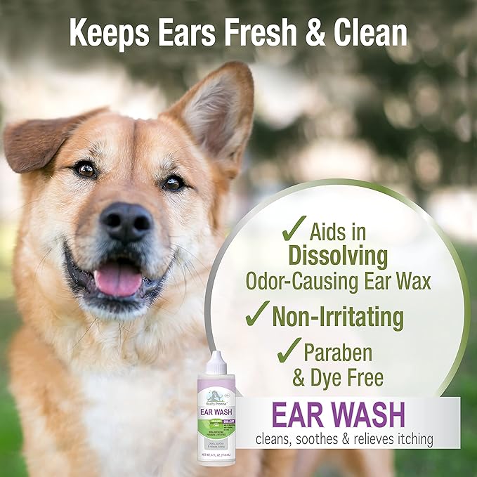 Four Paws Healthy Promise Grooming Soothing Pet Ear Wash Cleaner for Dogs and Cats, Odor Reducing & Itch Relief, 4 oz.