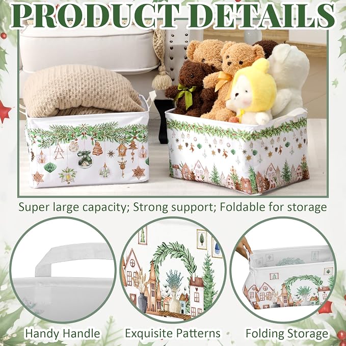 4pcs Christmas Storage Basket Fabric Laundry Baskets with Handle Xmas Foldable Organizer Boxes for Office Home Baby Cloth Toy Book 15 x 10 x 8(Neutral Wind)