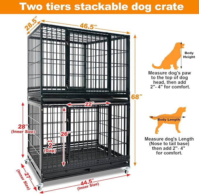 Homey Pet Two Tier Heavy Duty Stackable Dog Crate Cage Kennel for Large Dog | 47 Inch Indestructible Kennel with Wheels, Removable Trays and Grids, Escape Proof Auto Lock, Ideal for Breeders and Groomers