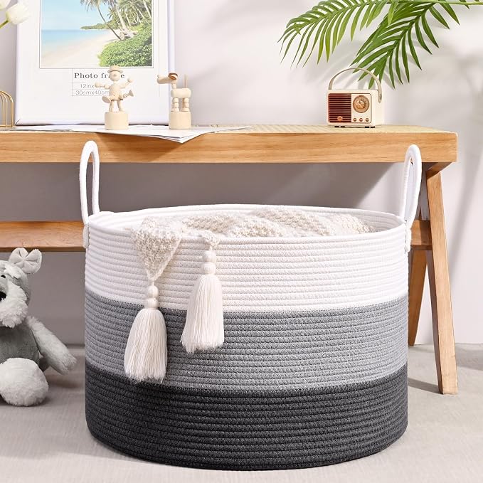 67L Large Woven Blanket Basket, Cotton Rope Baby Laundry Hamper with Handles, Kids Toy Basket for Classroom & Nursery, Soft Round Stuffed Animal Storage, Dog Toy Bin - 20"x13", Gray
