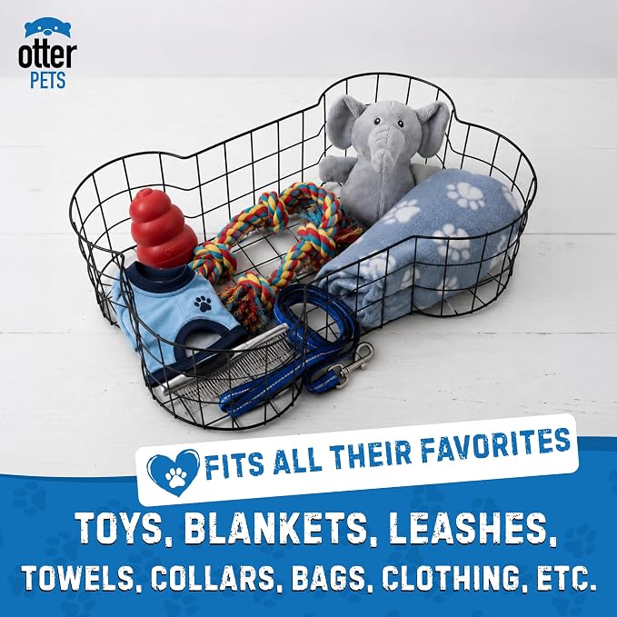OtterPets Metal Dog Toy Basket, Bone Shaped Chew Proof Dog Toy Bin 23"x15" | 23" long, 15" wide, 8" tall, metal wire dog storage organizer, dog toy bin, dog toy box, pet toy basket,, dog toy storage