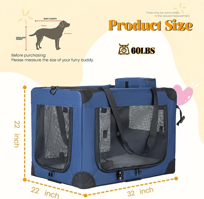 2 in 1 Rolling Dog Crate with Wheels, 24'' Collapsible Travel Pet Carrier for Medium Large Dogs, Portable Folding Kennel with 3-Door Design & Mesh Windows (Dark Blue + 32'')