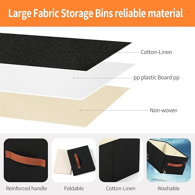 linen closet organizers and storage, 3 Pack Large Storage Baskets, Washable, Clothing Storage Bins with Handle, Closet Organizer for Storage Sweater,Sheets (Black, 18½"x13½x8½)