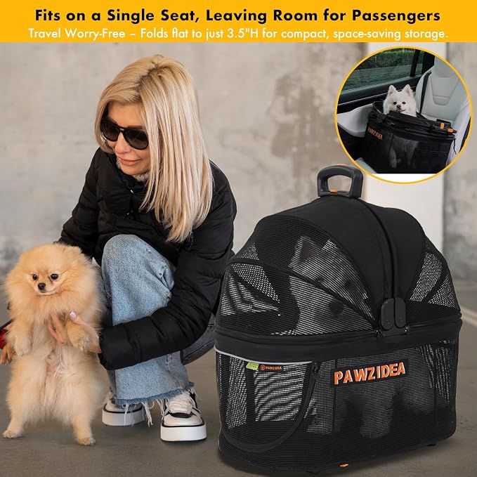 PAWZIDEA Portable Small Dog Crate for Car Travel Up to 33lbs, No-Zip Canopy | Enclosed Dog Car Seat Escape-Proof, Soft-Sided Small Medium Puppy Cats Car Kennel, Foldable Pet Carrier by Seatbelt, Top-Load