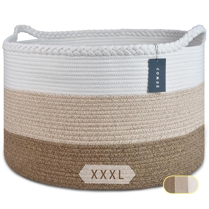 COMSE XXXLarge Woven Blanket & Laundry Basket, 87L, White & Gradient Brown | 21.7" x 13.8", Cotton Rope, Nursery Hamper for Storage of Toys Clothes Towels, Ideal for Living Room Bedroom Bathroom