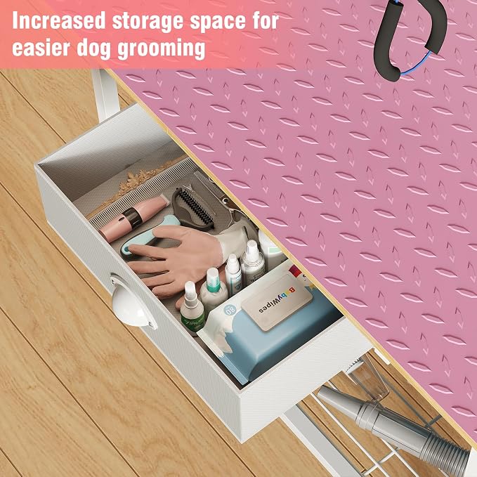32-Inch Adjustable Dog Grooming Table with Drawer & Mesh Tray, Pet Grooming Table with Non-Slip Removable Washable Mat & EVA Protective Lanyard, Professional Grooming Table for Small Dog at Home（Pink