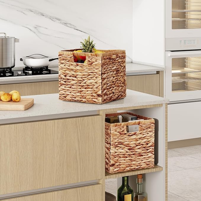 Vagusicc Wicker Storage Basket, Set of 2 Handwoven Water Hyacinth Storage Baskets for Organizing, 13 inch Foldable Storage Cubes with Handles for Laundry Organizer Bins for Bathroom Shelves & Decor