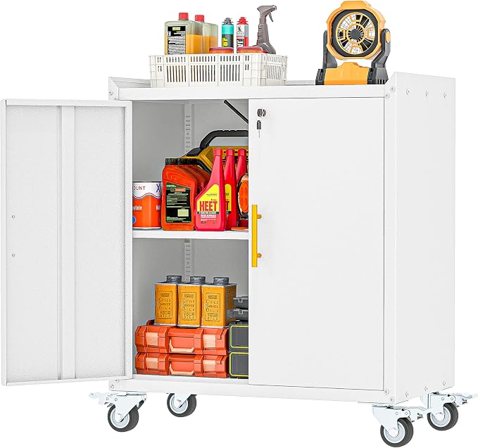 GAIOUS 35.6'' Tall Metal Garage Storage Cabinet with Wheels,Rolling File Cabinet with Lock and Adjustable Shelves,Outdoor Steel Tool Cabinet for Home,Office,Garage,White