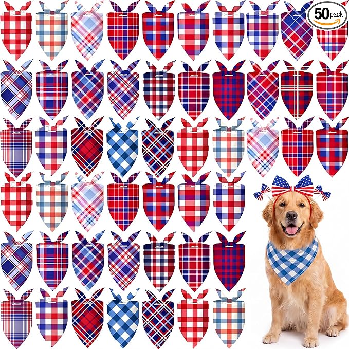 Abbylike 50 Pcs Red White and Blue Plaid Dog Bandanas Bulk Patriotic Gingham Bandana for Dogs Triangle Kerchief Bib Scarf for Pet Veterans Day Thank You Veterans Party Costume, 25 Styles, Medium