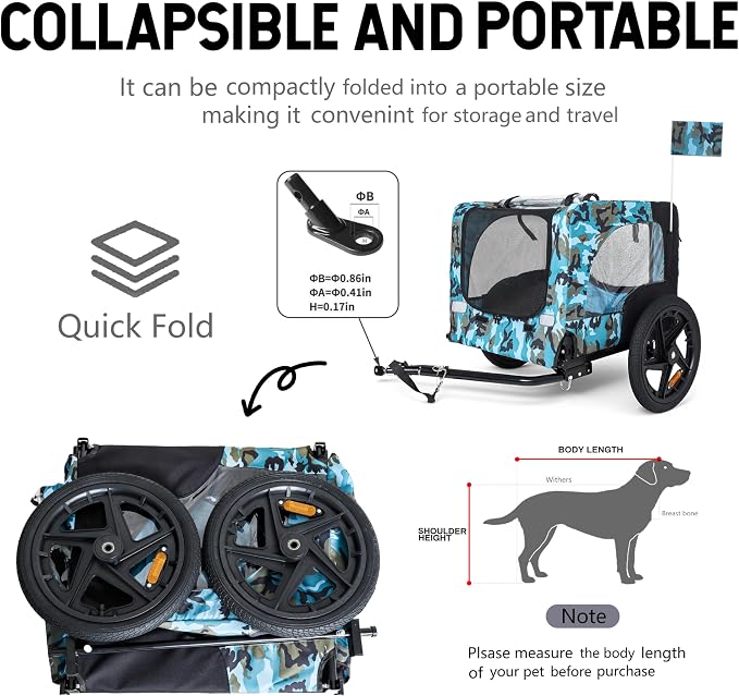 KEIKI Dog Bike Trailer with Built-in Leash, Pet Stroller Cart Bicycle Carrier, Easy Folding Cart Frame with Front Caster & 16" All-Terrain Wheels & Universal Hitch, Supports up to 66 lbs