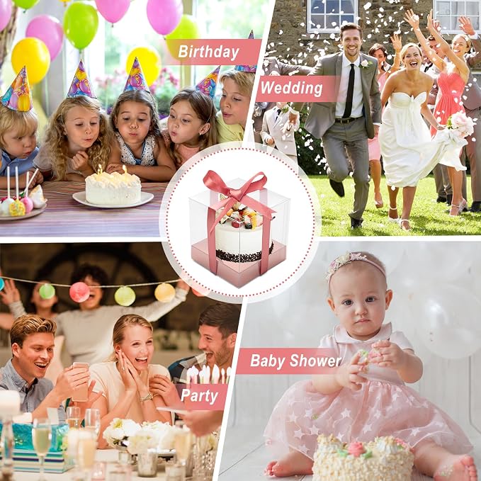 12 PCS Clear Cupcake Boxes 3.5 Inch Cupcake Containers (Rose gold) | Disposable Cupcake Carrier Plastic Individual Cupcake Storage Holder with Ribbons and Inserts for Wedding, Birthday Party