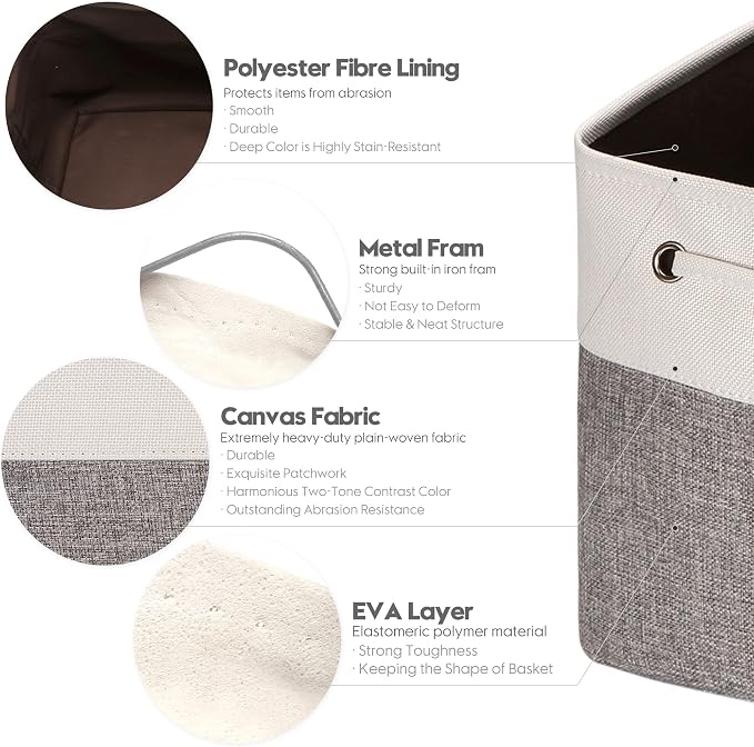 Sea Team Oversized Rectangle Canvas Open-Top Storage Baskets, 3-Pack | Collapsible Fabric Storage Bins with Handles, Closet Shelf Organizers, 22 x 15 x 13 Inches, Gray & White