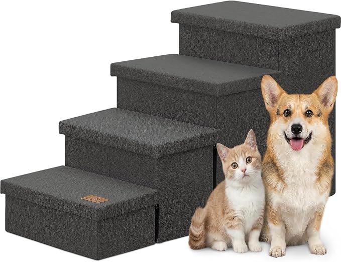 Zerbuger Dog Stairs with Storage, Dark Grey 4 Steps Dog Ramp no Condo | 23" H Wider Dog Steps for High Beds Couch, Folding Storage Pet Stairs Gift for Climbing Small/Medium/Large Old Dogs Cats