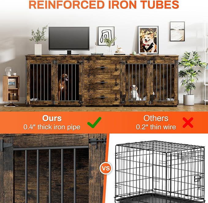 Rophefx 94.5" Dog Crate Furniture for 2 Dogs, Wooden Kennel TV Stand,Brown | Indoor double dog house with 3 storage drawers, 4 feeding bowls, lockable doors, and a wide top for large and medium dogs