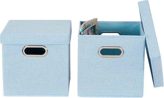 Household Essentials 816-1 Café Cube Bin Storage Set with Lids and Handles | 16 Pack, Baby Blue Linen