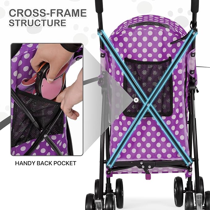MoNiBloom Pet Stroller for Small/Medium Dogs and Cats, Purple Polka Dots | Foladble 4 Wheels Easy-Fold Puppy Cage Jogger Stroller with Sun Cover, Pad and Rear Storage Bag, Breathable and Visible Mesh