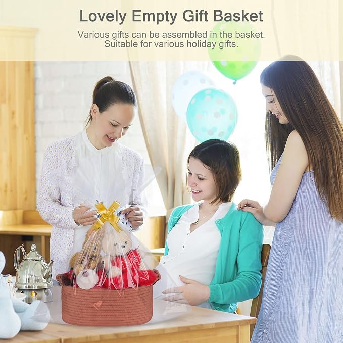 Small Empty Gift Basket with Bag & Ribbons, Autumn Glaze | 12“x8”x5”, Cotton Rope Woven Basket for Birthdays, Baby Showers, Mother's Day, Christmas; Stores Small Items, Kids & Pet Toys