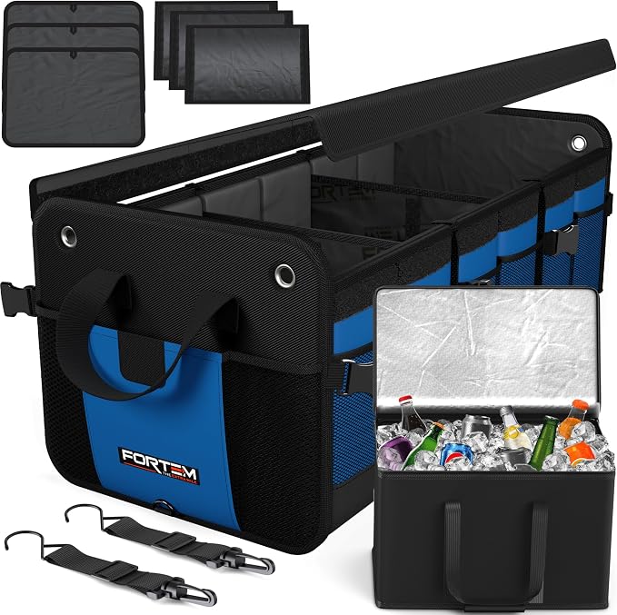 FORTEM Trunk Organizer - Collapsible Car Organizer & Storage Bag for SUVs | Car Accessories for Men & Women, Cooler Bag, Non Slip Bottom, Straps, Soft Cover, 1680D Oxford, 6 Compartments, Blue, 110L