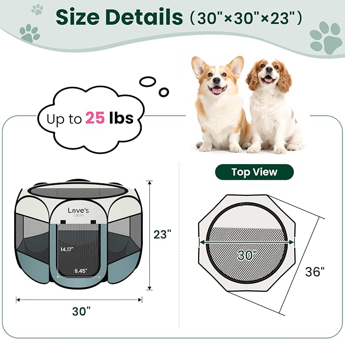 Love's cabin Pet Puppy Dog Playpen, Medium Dog Tent Crates Cage Indoor/Outdoor, Portable Playpen for Cat, Foldable Pop Up Dog Kennel Playpen with Carring Case, Removable Zipper Top, Moss Green