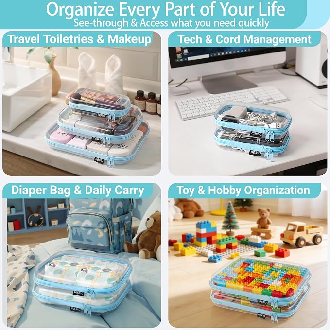 YQBRAO Clear Hard Shell Organizer Cases, 3-Pack, Blue | Large, medium & small rigid PET organizers for travel, tech accessories, beauty products and everyday storage