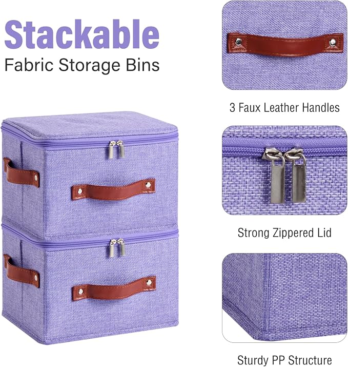 3PCS Storage Bins Boxes with Zippered Lid Decorative Baskets | Cotton Linen Fabric, Washable Foldable Stackable Cloth Container, Closet Shelf Organizer w/ PU Leather Handles, Purple-Small