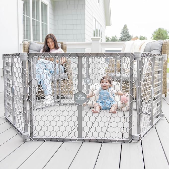 Regalo Safety 192" Plastic 2-in-1 Super Wide Baby Gate & Play Yard | Adjustable Playpen, For Doorways & Open Spaces, For Babies, Toddlers & Pets, Gray, Tested & Trusted for 30 Years