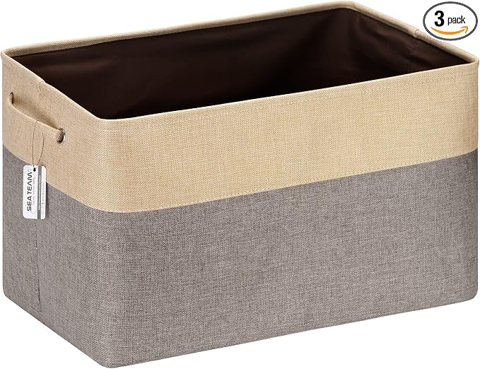 Sea Team Oversized Rectangle Canvas Open-Top Storage Baskets, 3-Pack | Collapsible Fabric Storage Bins with Handles, Closet Shelf Organizers, 22 x 15 x 13 Inches, Gray & Beige
