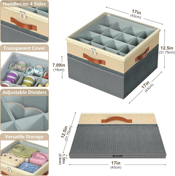 Shoe Organizer for Closet, 2 Pack Foldable Shoe Storage Organizer Box Bin with Adjustable Dividers and Clear Cover, Fits up to 16-32 Pairs（Grey&Beige）