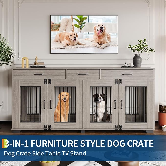 IDEALHOUSE 71-Inch Large Dog Crate with 3 Drawers for 2 Dogs, Grey | Dog Kennel Furniture, Large Breed Dog Crate and TV Stand for Medium-Large Dog