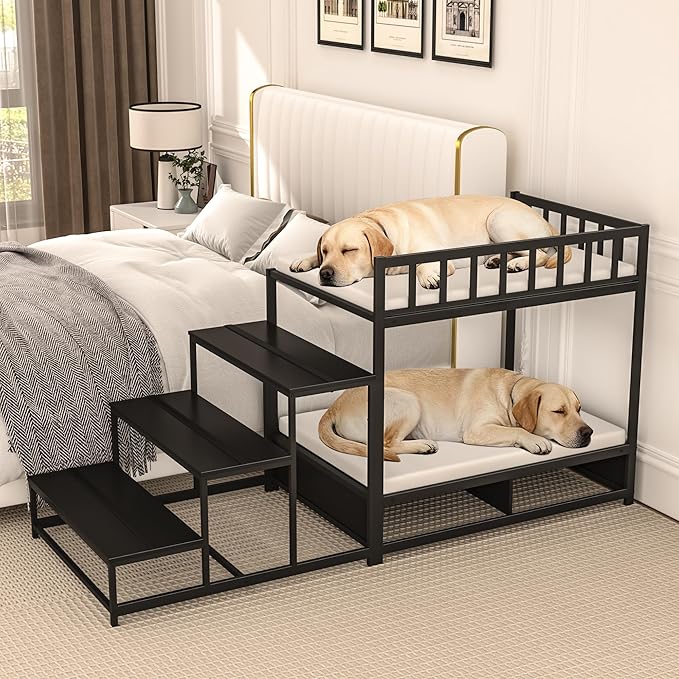 GDLF Dog Bunk Bed for Large Dogs with Stairs and Storage, Non-Slip Surfaces | Ideal for bedrooms, windows, and bedside lounging, with storage drawers and non-slip surfaces.