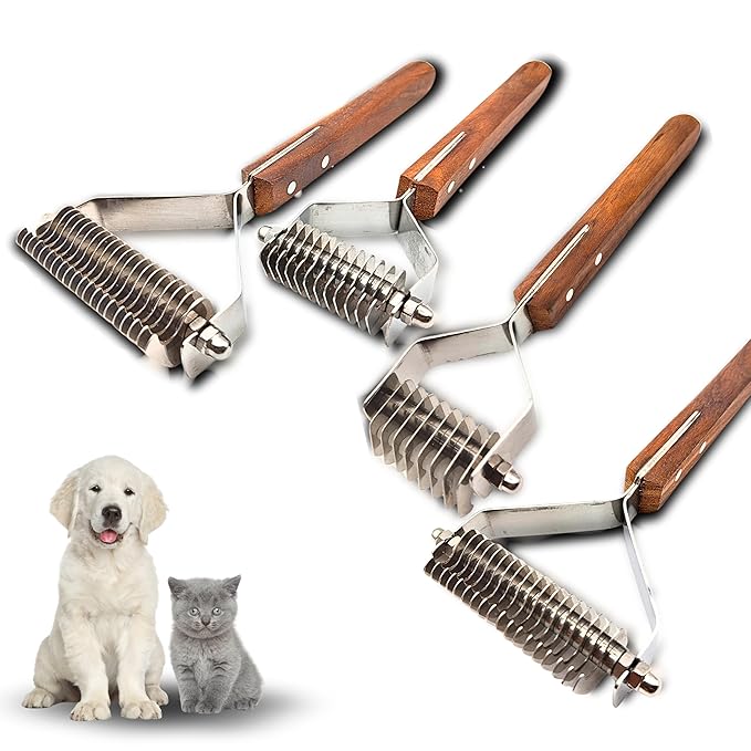 Undercoat Dematting Rake for Dogs & Cats – Grooming Tool with Stainless Steel Teeth & Wood Handle – Undercoat Remover for Thick & Matted Pet Fur (All 4 Sizes)