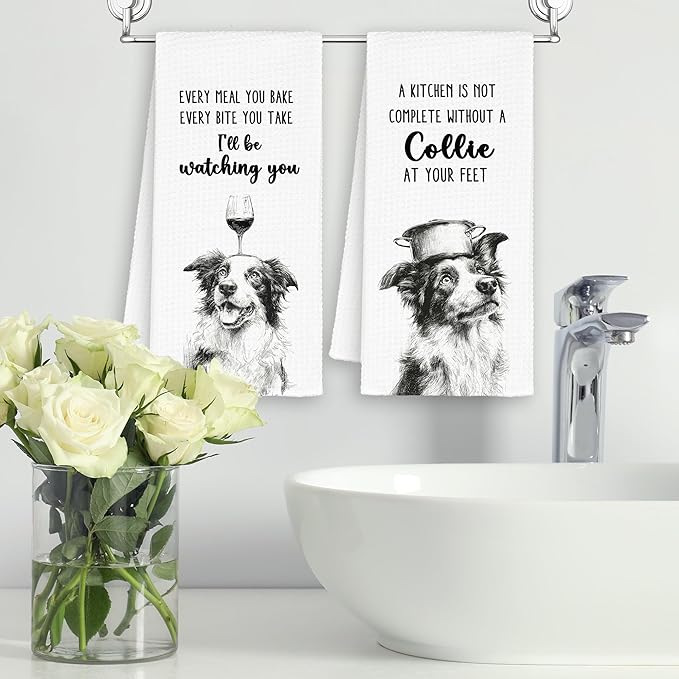 Funny Dog Border Collie Kitchen Towels Set of 2,Cute Dish Towel Gifts for Dog Lovers Christmas,Every Meal You Bake Hand Towels Decor for Bathroom, Rustic Tea Bar Towel for Dining Room 16x24in