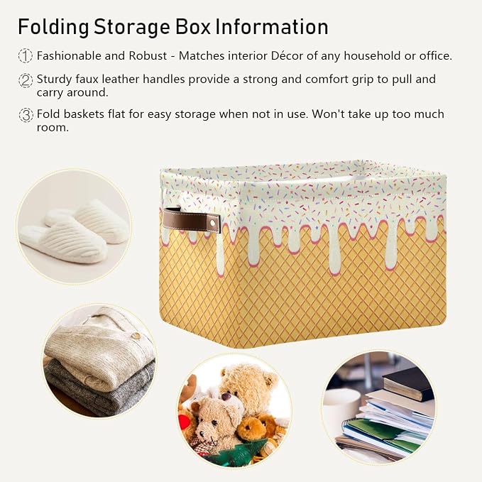 Wamika Ice Cream Drip Baseball Storage Basket with Waterproof Liner and PU Handles White Vanilla Storage Bins Boxes 14.2" Collapsible Decorative Organizer Baskets for Bedroom Closet Office 1 Pack